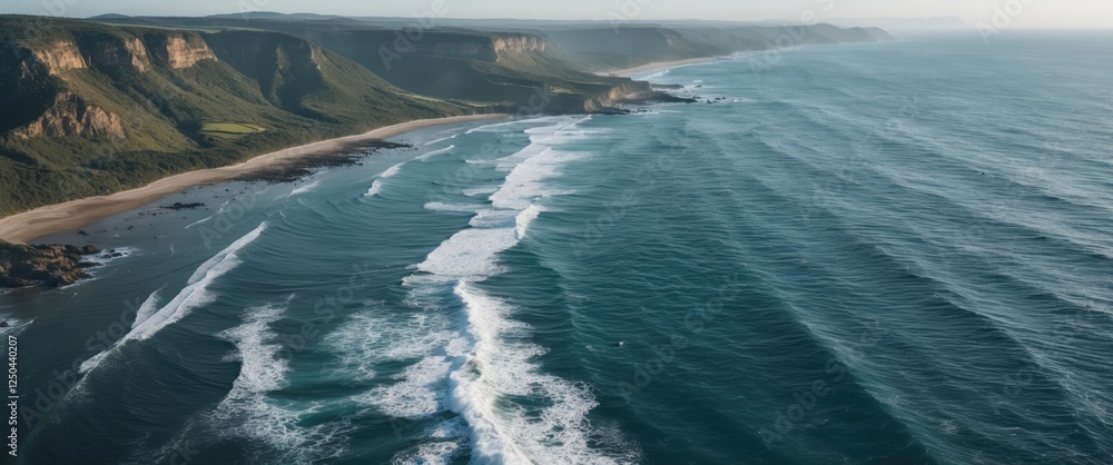 Canvas Prints aerial view of serene coastline with gently rolling waves and lush green cliffs under soft natural l
