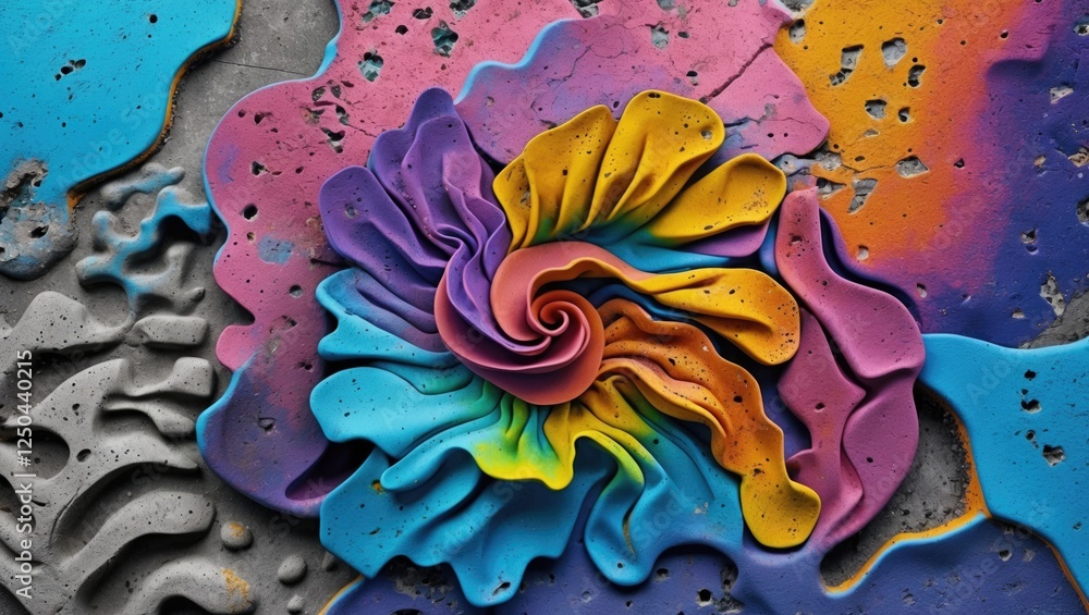 Poster vibrant abstract spiral design with colorful patterns on a textured concrete surface showcasing arti