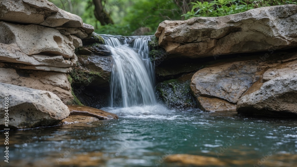 Poster serene small waterfall cascading over textured rocks in a tranquil forest setting with lush greenery