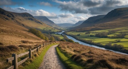 Naklejka premium Scenic Landscape of River Valley with Rolling Hills and Pathway Under Dramatic Cloudy Sky in Highland Region