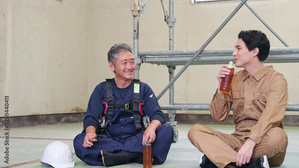 Fototapete 工事、休憩、床、塗装、大工、職人、作業員、建築、現場、麦茶、水分補給、改装、建設、足場、作業服、ニッカポッカ、昼休み、労働基準法、休憩時間、スケジュール、作業、仕事、仲間、チームワーク、施工、管理、労災、労働災害、熱中症予防、業者、下請け、職場、労働者、解体、リフォーム、内装、佐官、鳶、親方、棟梁、中小企業、個人事業主、アルバイト、スポットワーク、スキマバイト、肉体労働、フルハーネス、安全、職業、