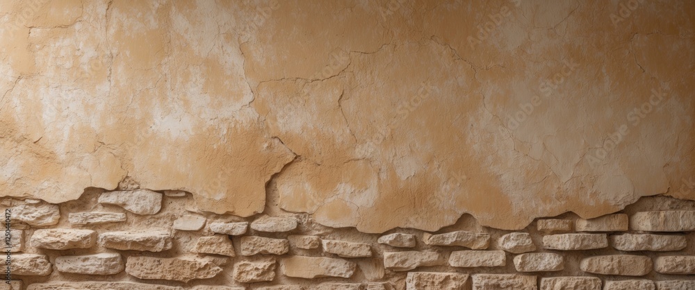 Poster textured beige wall with rough surface and stone elements creating a warm earthy background ideal fo