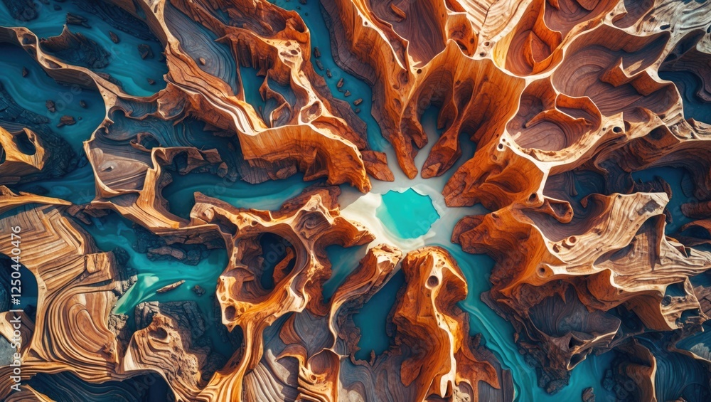 Poster aerial view of colorful rock formations and water features showcasing intricate patterns and texture