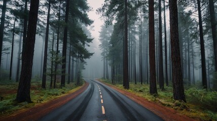 Obraz premium Foggy Road Winding Through a Dense Pine Forest