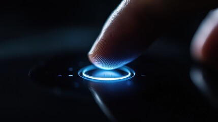 A close-up of a finger gently pressing a glowing button, illuminating the surrounding area with a soft blue light.