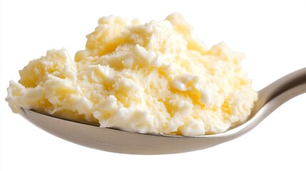 Spoonful of Creamy Ricotta Cheese on Stainless Steel Spoon