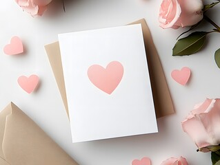 Heartfelt Message: A blank white card with a delicate pink heart is nestled amidst pink roses and heart-shaped accents, creating a charming and romantic visual.  