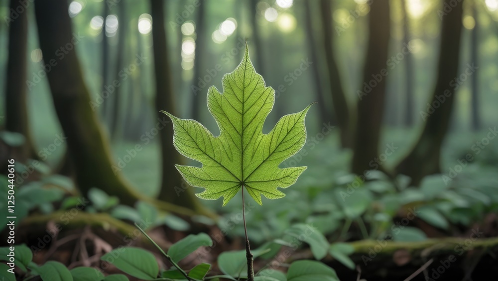 Poster vibrant green leaf in a serene forest setting with soft sunlight filtering through trees showcasing 