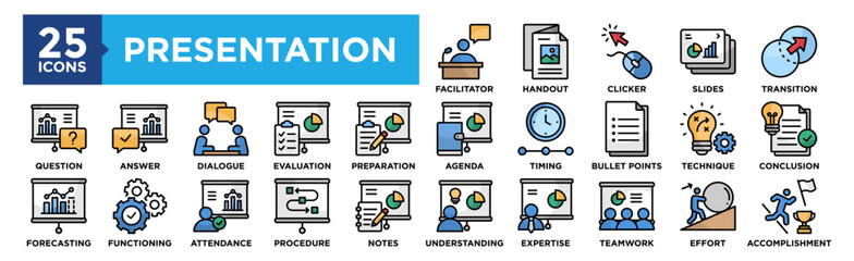 Presentation icon collection set. Containing design, Evaluation, Preparation, Understanding, Expertise, Teamwork