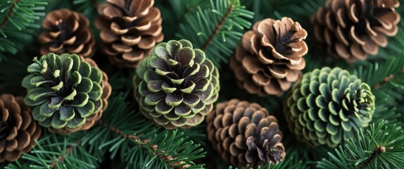 Fototapeta premium Green and brown fir cones arranged among fresh evergreen branches showcasing natural textures and colors for seasonal decor and crafts.