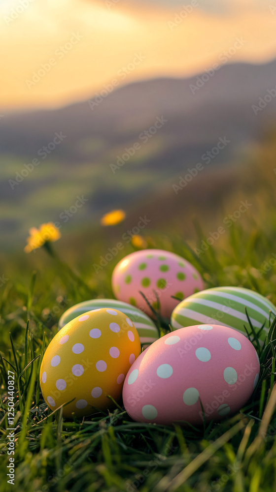 Wall mural easter eggs in grassy field at sunset