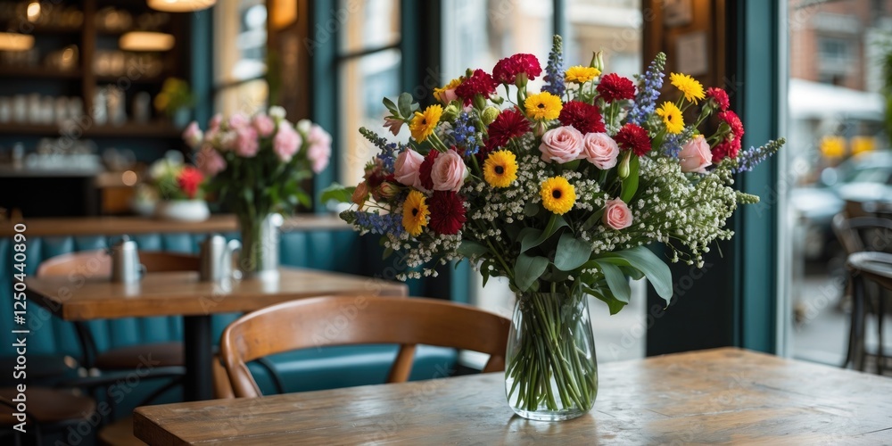 Poster vibrant floral arrangement on cafe table with empty space for custom text in lively dining environme