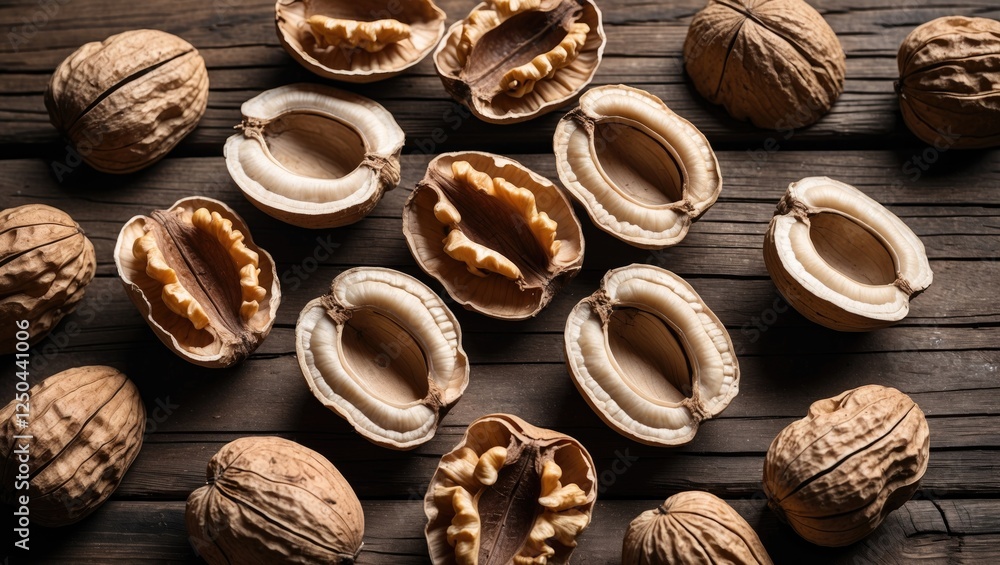 Poster Walnut shells arranged on rustic wooden table showcasing textures and natural elements in a top view composition