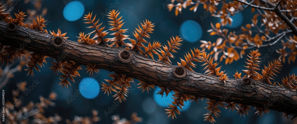 Poster close-up of a dead monkey puzzle tree branch featuring spikey brown leaves against a dark bokeh back