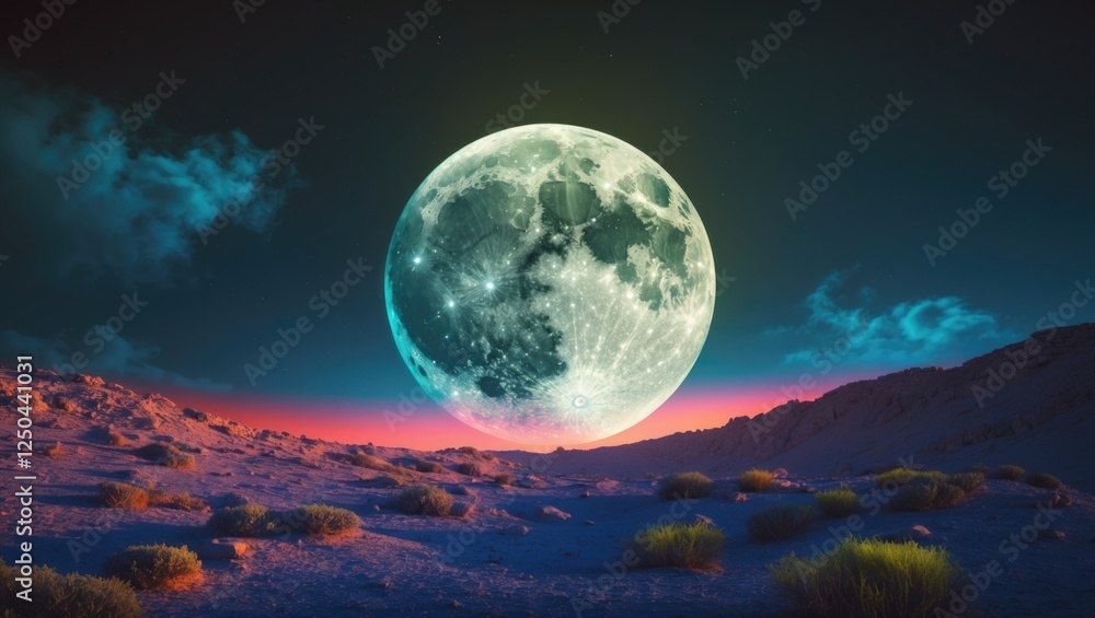 Poster spectacular night landscape featuring a large luminous moon casting a serene glow over a desert terr