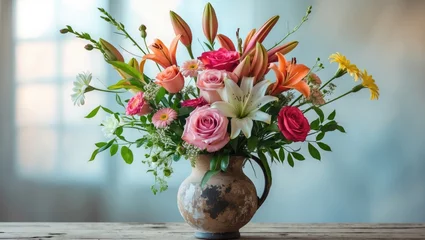 Colorful bouquet of assorted flowers in a rustic pitcher on wooden table with soft background light showcasing floral beauty and elegance.