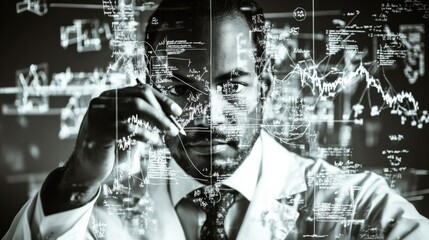 Thoughtful scientist analyzing complex data on transparent screen in laboratory setting