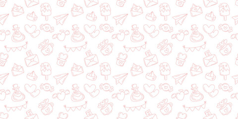 Seamless Hand Drawn Doodle Pattern with Hearts, Love Letters, and Cute Elements for Valentine’s Day Design