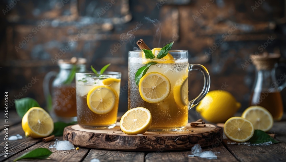 Poster refreshing cold lemon tea served with fresh lemon slices and mint leaves on a rustic wooden table wi