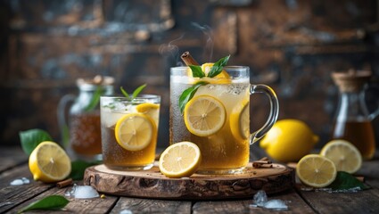 Fototapeta premium Refreshing Cold Lemon Tea served with fresh lemon slices and mint leaves on a rustic wooden table with space for text or branding.