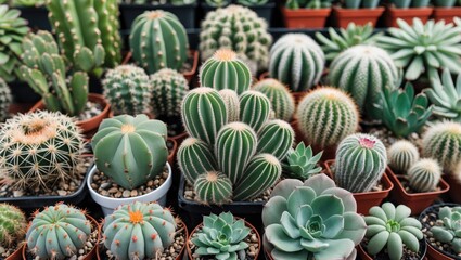 Fototapeta premium Vibrant Collection of Cacti and Succulents in Pots with Space for Text or Branding Design Elements Ideal for Nature and Gardening Themes