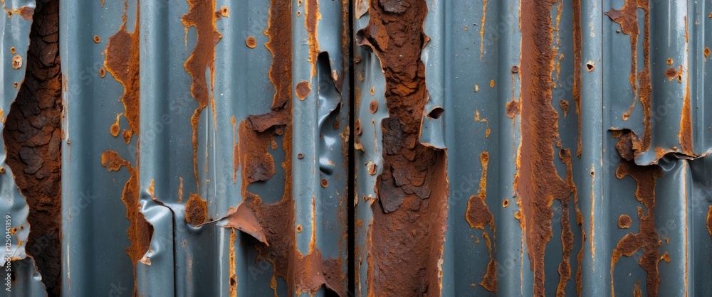 Poster weathered metal panel with deep rust and corrosion revealing layers of texture and color in an indus