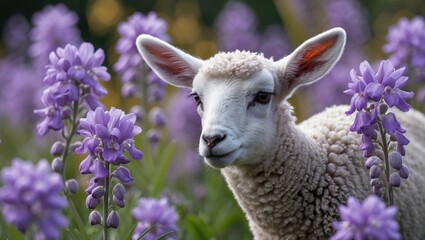 Obraz premium A closeup of an adorable lamb surrounded by vibrant purple flowers in a serene rural setting showcasing nature's beauty and tranquility.