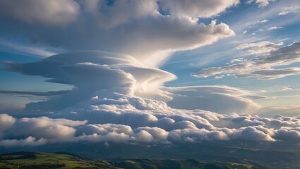 Stunning stratocumulus cloud formation with layered shapes and rich colors over a serene landscape at sunset