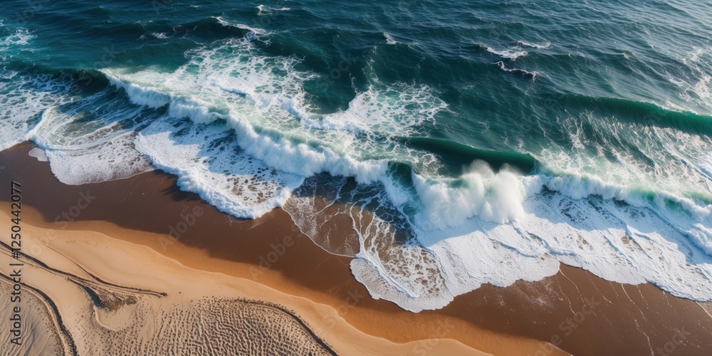 Poster aerial view of ocean waves gently crashing on sandy beach highlighting coastal contrast with space f