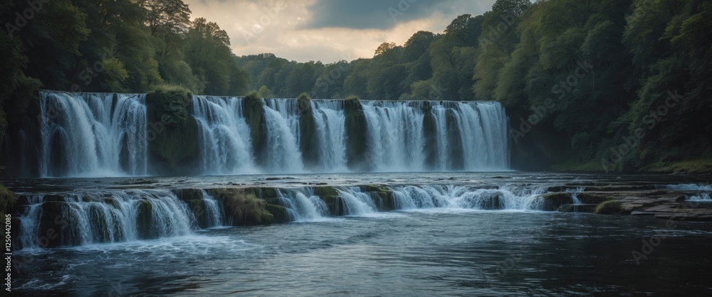 Poster cascading waterfall surrounded by lush greenery under overcast sky with tranquil river below and spa