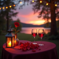 Two elegant glasses of wine beside a glowing lantern, surrounded by vibrant roses on a beautifully set table.