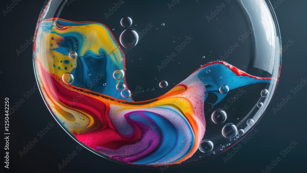 Poster colorful abstract patterns within a half bubble enhanced by vibrant hues and droplets against a dark