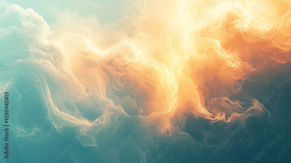 Poster a stunning blend of soft clouds illuminated by warm hues, creating a serene and ethereal atmosphere.