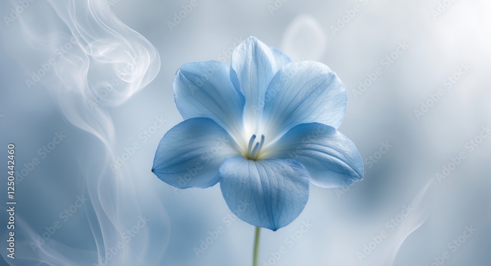 Poster elegant blue flower on a soft white smoky background with ample copy space for text and design eleme
