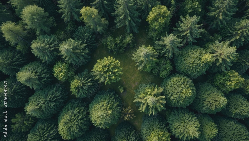 Poster aerial view of dense forest canopy with lush green trees and open space for text overlay