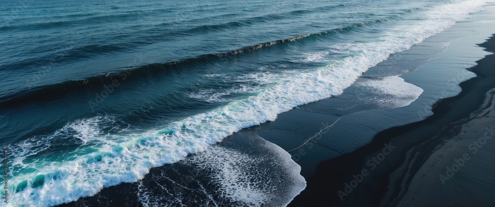 Poster aerial view of ocean waves crashing on black sand beach with copy space for text in a serene summer 