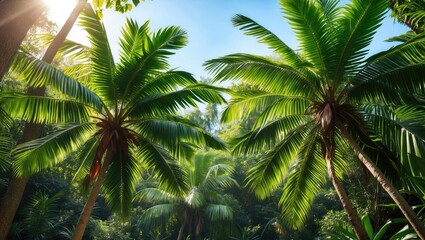 Obraz premium Lush Green Palm Tree Leaves in a Tropical Jungle Under Bright Sunlight Ideal for Summer Themes and Graphic Design Use.
