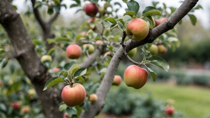 Obraz premium Apple tree with growing fruit in a lush garden setting showcasing vibrant apples and green leaves ideal for nature and gardening themes.