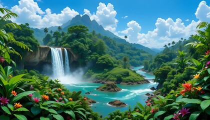 Fototapeta premium Panoramic view of a waterfall and river in a lush jungle with vibrant tropical flowers and a bright blue sky