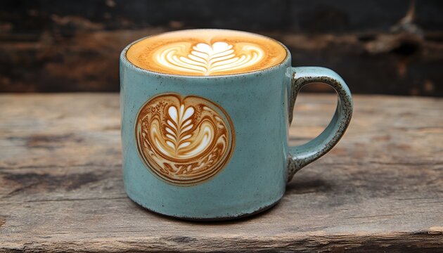 A freshly brewed coffee in a mug with intricate latte art, on a rustic wooden surface
