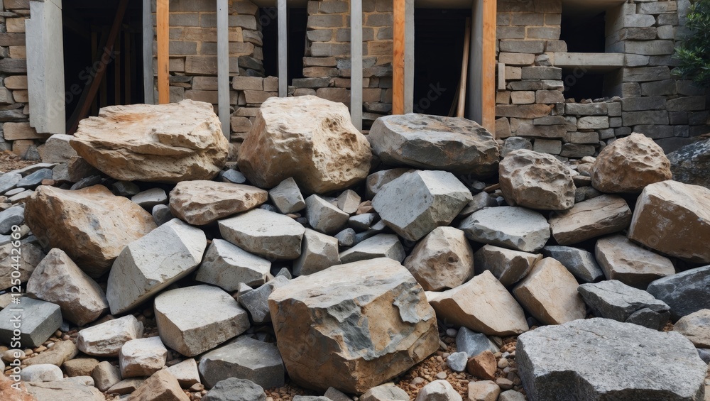 Poster collection of various rocks and stones in a construction site with partially built stone walls in th