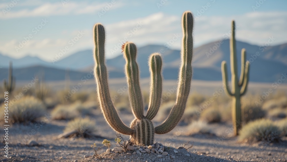 Poster desolate landscape featuring a resilient standing cactus against a backdrop of mountains with ample 