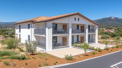 Modern residential building with beautiful landscape under clear sky