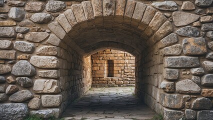 Obraz premium Historic stone archway leading through a textured wall into a serene courtyard in a medieval setting.