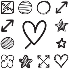 Line arrow hand drawn shape brush underline stroke element vector set. Hand drawn doodle sketch arrow, circle, star brush stroke scribble underline icon. Marker doodle heart vector illustration.
