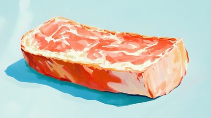 close-up photograph of an object on a light blue background lies a sliced piece of ruddy white bread bakery product related pastries french baguette