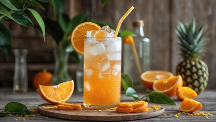 Fototapeta premium Refreshing Orange Summer Beverage with Ice and Fresh Citrus Accents on Rustic Background