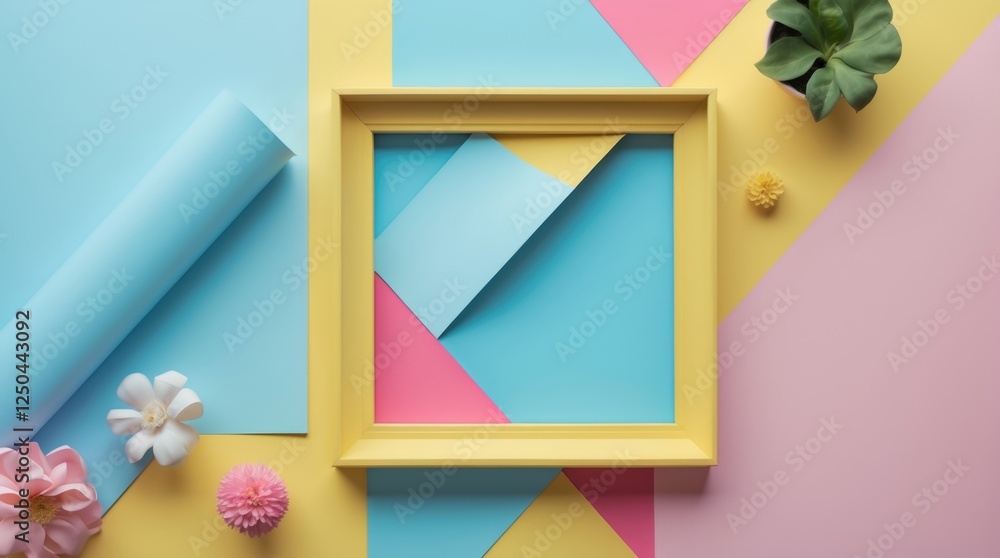 Poster pastel abstract flat lay with geometric shapes and an empty yellow picture frame surrounded by color