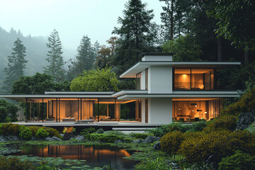Obraz premium Modern house in forest with pond at dusk