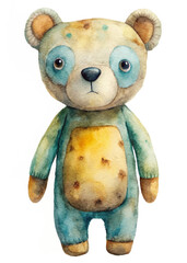 Cute watercolor bear, soft toy design, whimsical character, children's illustration, playful art style.
